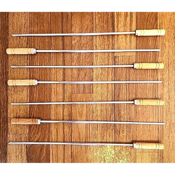 7 Stainless Steel BBQ Skewers Wood Handle Grilling Barbecue Hot Dogs - Picture 1 of 5